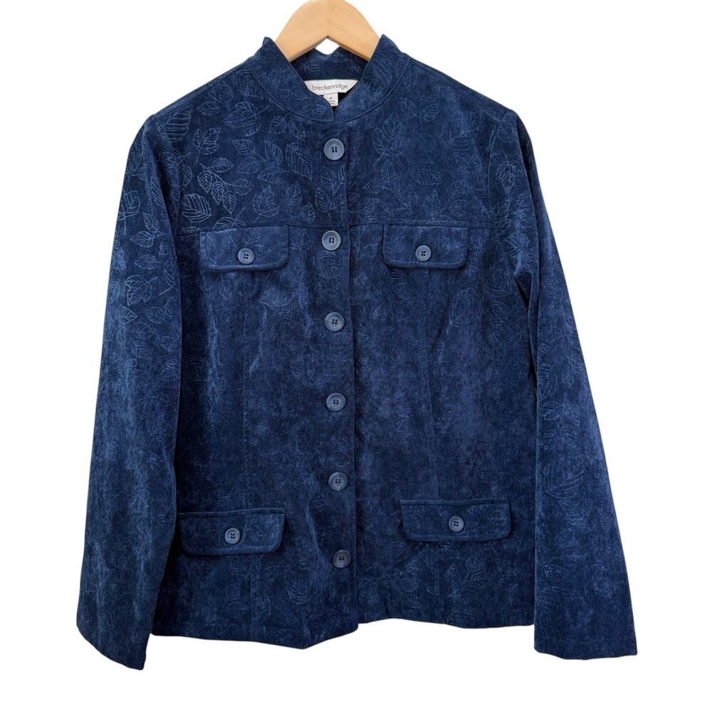 Breckenridge Floral Embossed Blue Corduroy Mock Neck Button Up Jacket M Casual